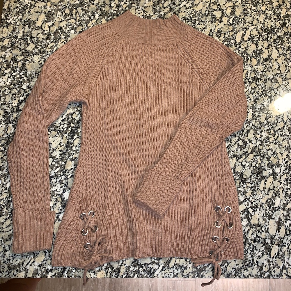 Brown mock neck sweater with tie up sides